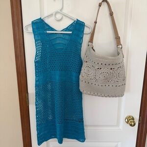 SET! Medium Vetchy Teal Swim Cover Up + The Sak Beige/Bronze Woven Shoulder Bag